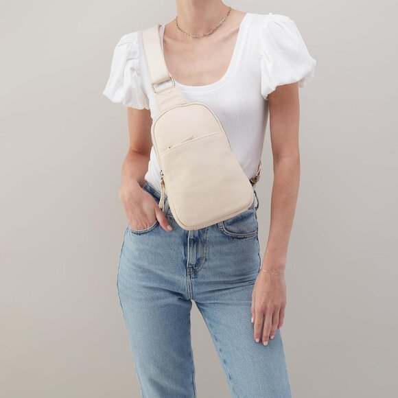 Cass leather sling bag for women, cream, 7.5" W x 11" H x 2" D, adjustable strap - Picture 2 of 7